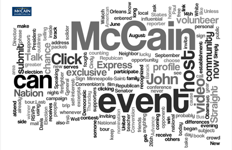 McCain\'s category cloud of words used most often in his RSS feed